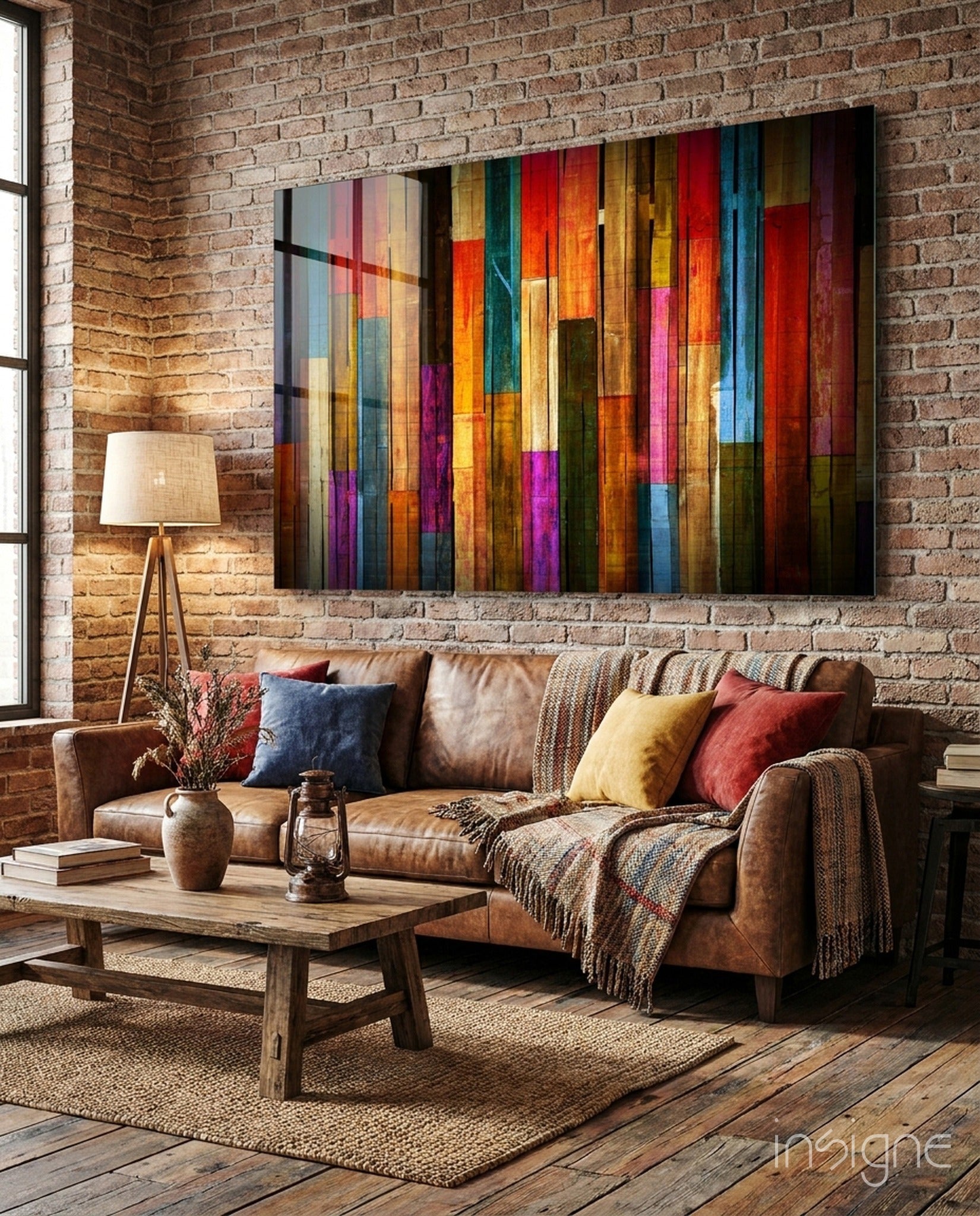 Vibrant Multicolor Wood Plank Stripes boho glass wall art