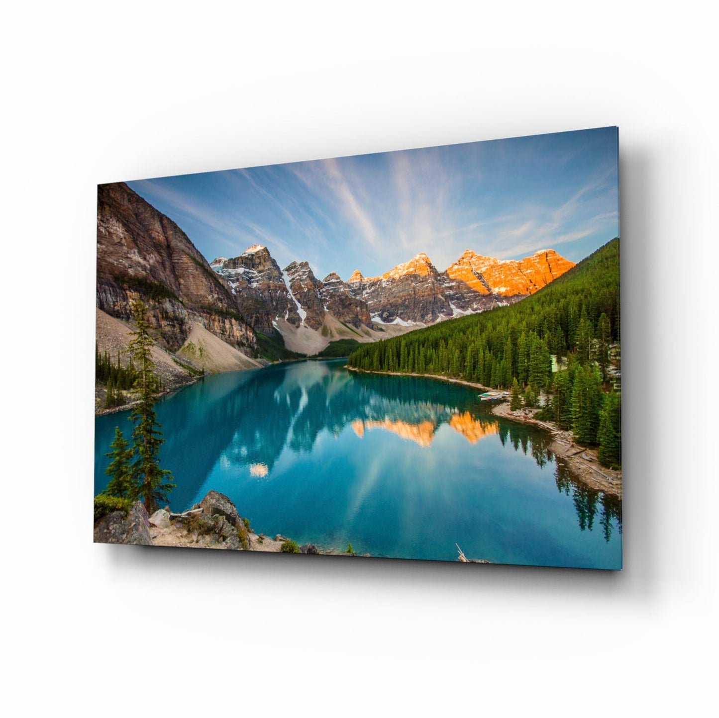 Turquoise mountain lake sunrise glass wall art