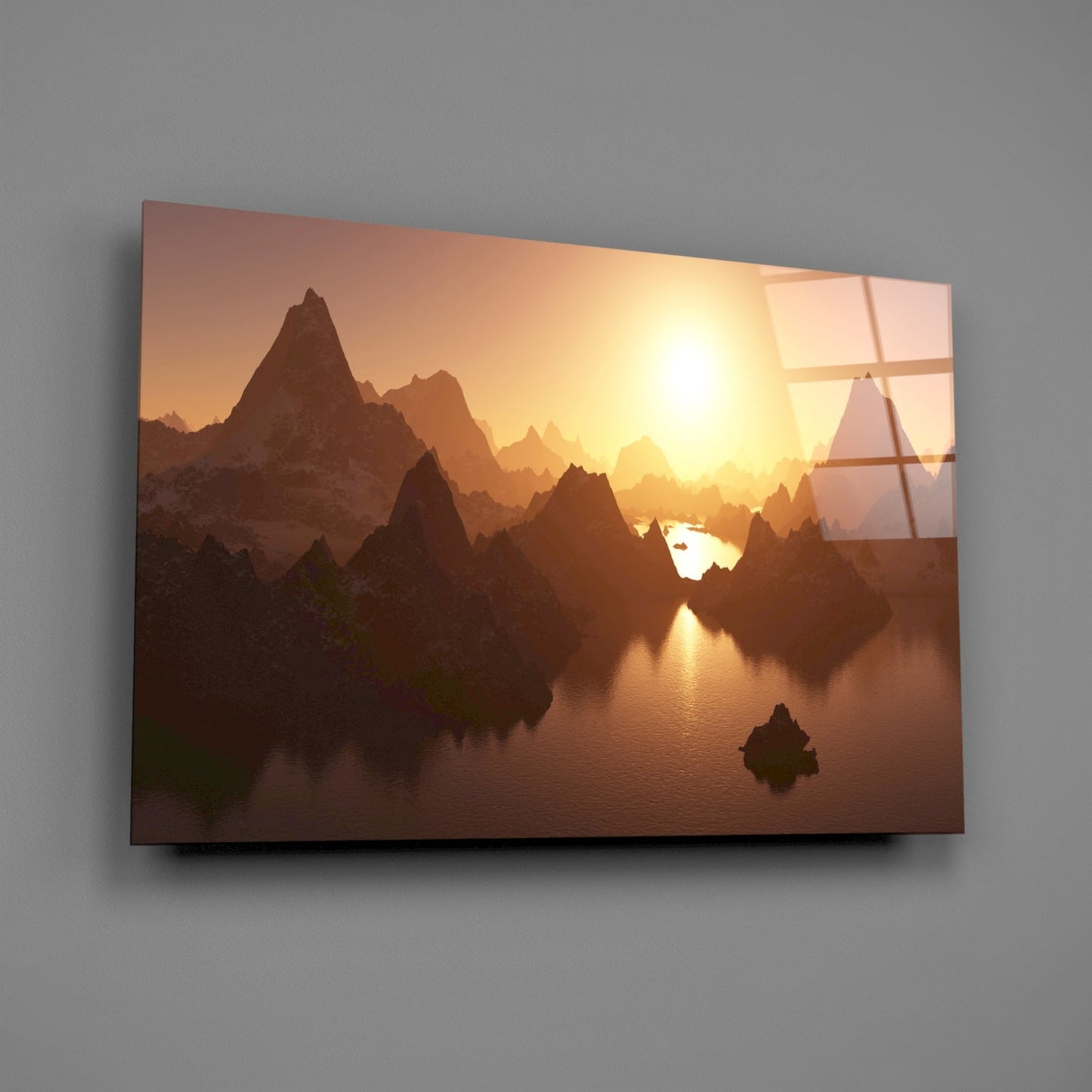 Fantasy Mountain Reflection Glass Wall Art, Sunset Peaks