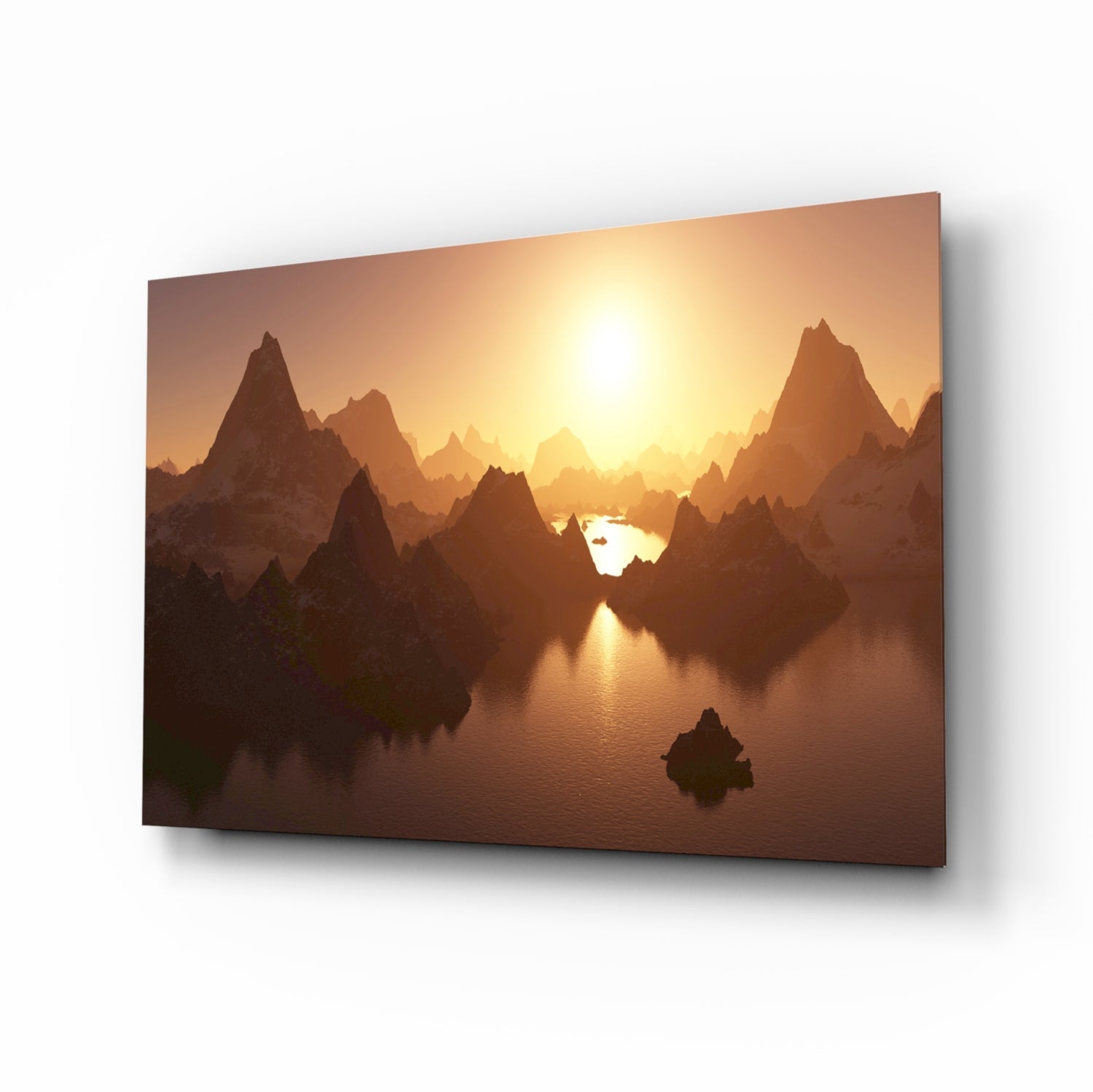 Fantasy mountain peaks reflected at sunset glass wall art