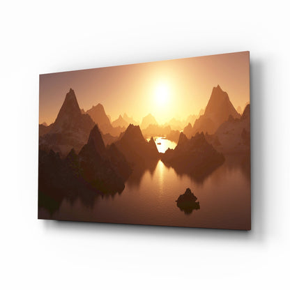 Fantasy mountain peaks reflected at sunset glass wall art