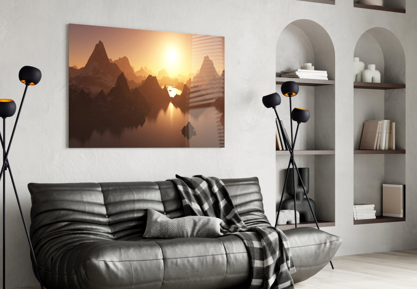Fantasy Mountain Reflection Glass Wall Art, Sunset Peaks