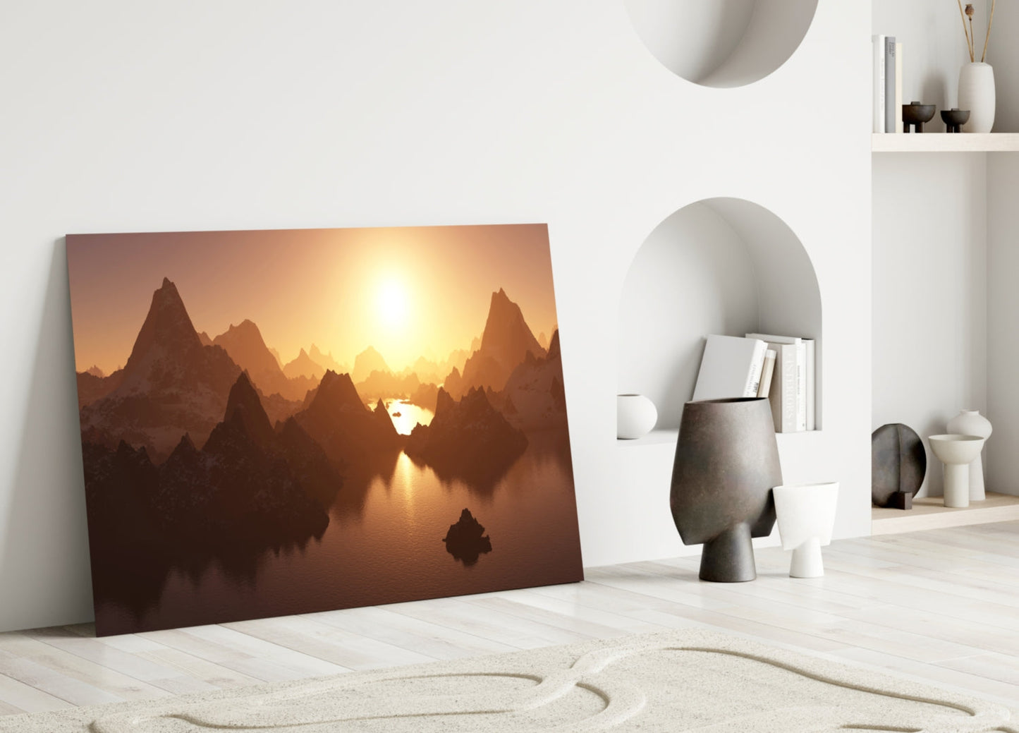 Fantasy Mountain Reflection Glass Wall Art, Sunset Peaks