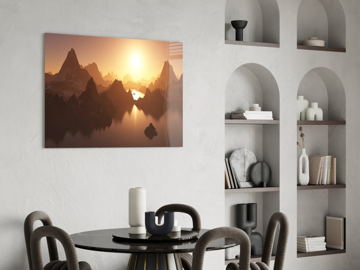 Fantasy Mountain Reflection Glass Wall Art, Sunset Peaks
