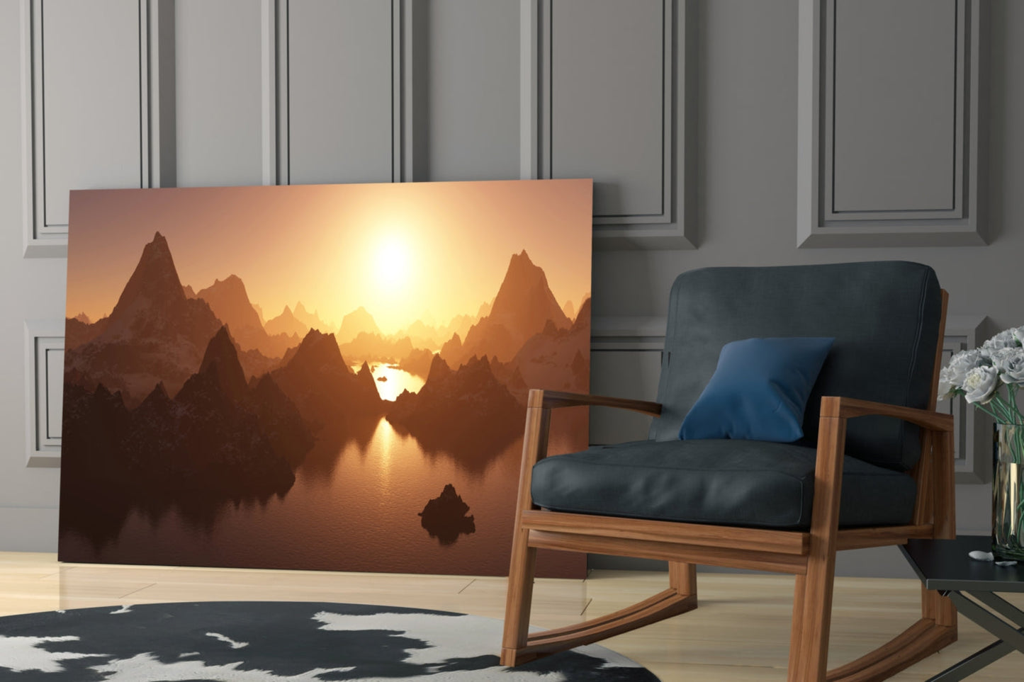 Fantasy Mountain Reflection Glass Wall Art, Sunset Peaks