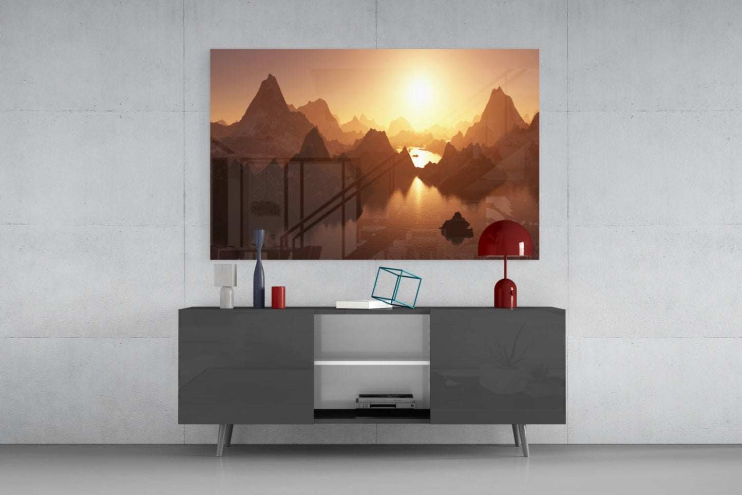 Fantasy Mountain Reflection Glass Wall Art, Sunset Peaks