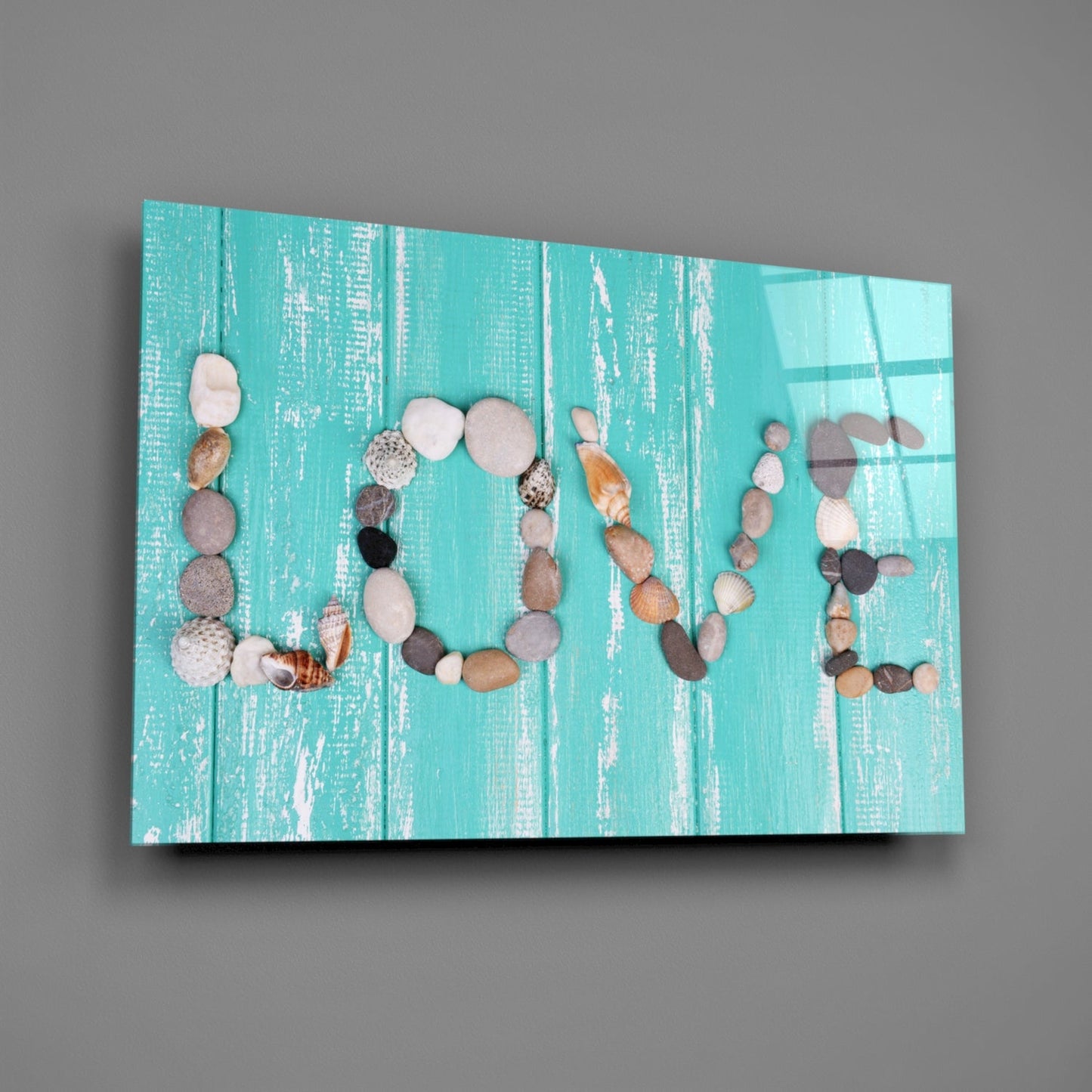 Pebble Love Letters on Turquoise Wood Glass Wall Art