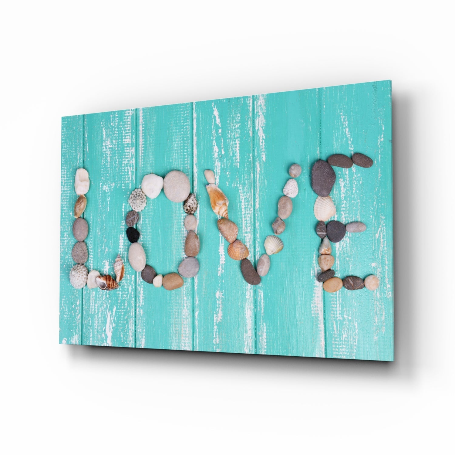 Pebble love letters turquoise wood glass wall art