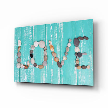 Pebble love letters turquoise wood glass wall art