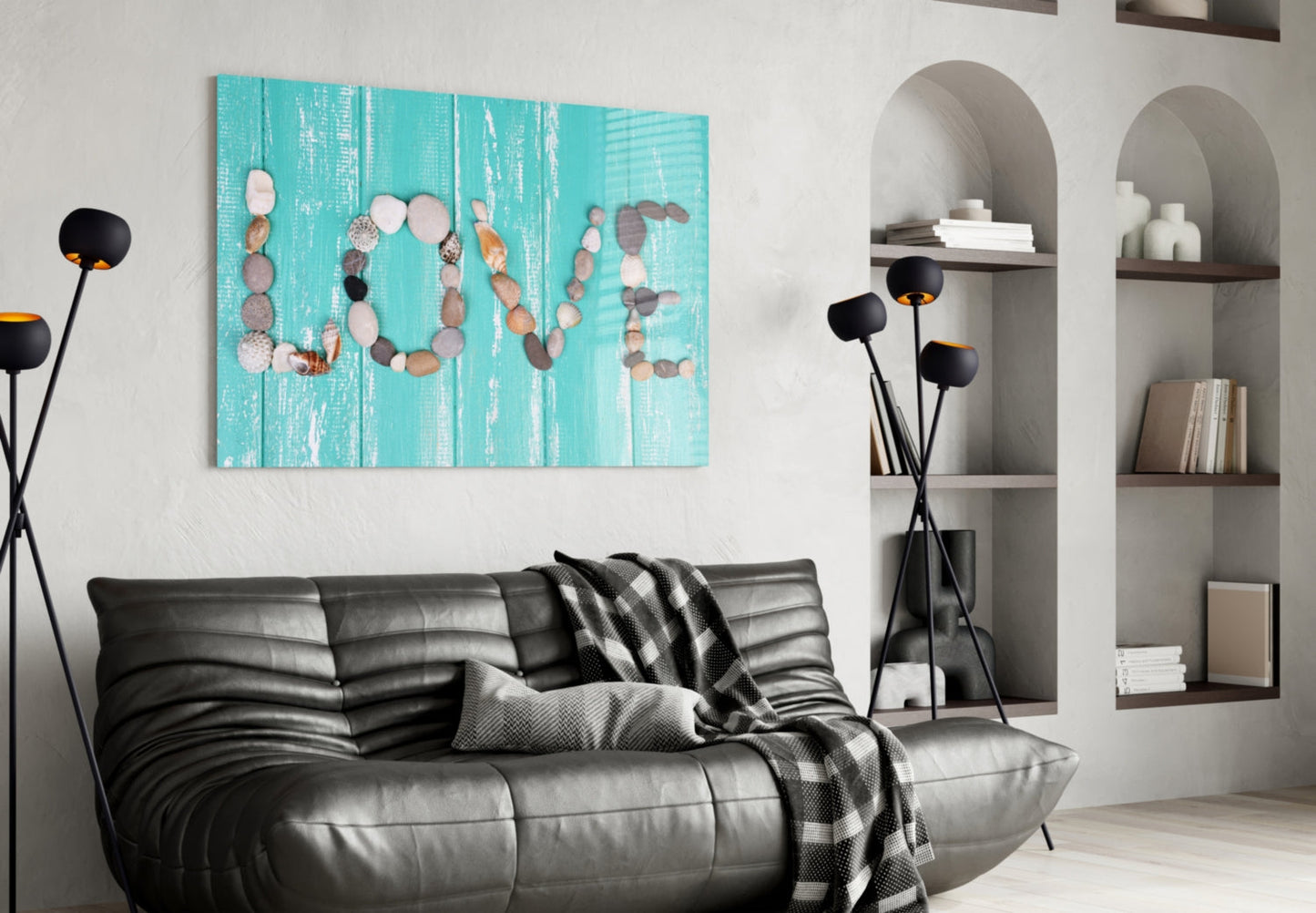 Pebble Love Letters on Turquoise Wood Glass Wall Art