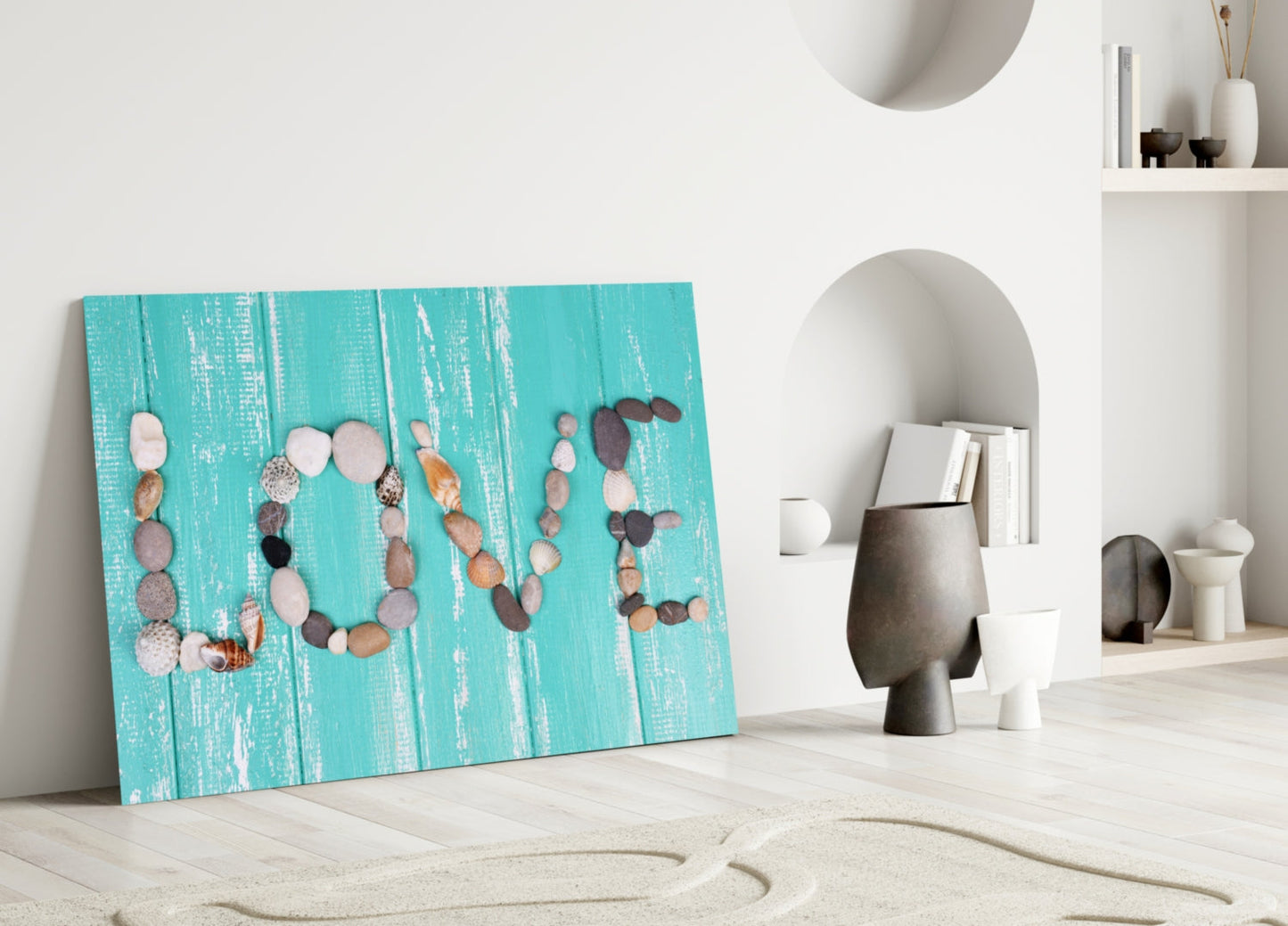 Pebble Love Letters on Turquoise Wood Glass Wall Art