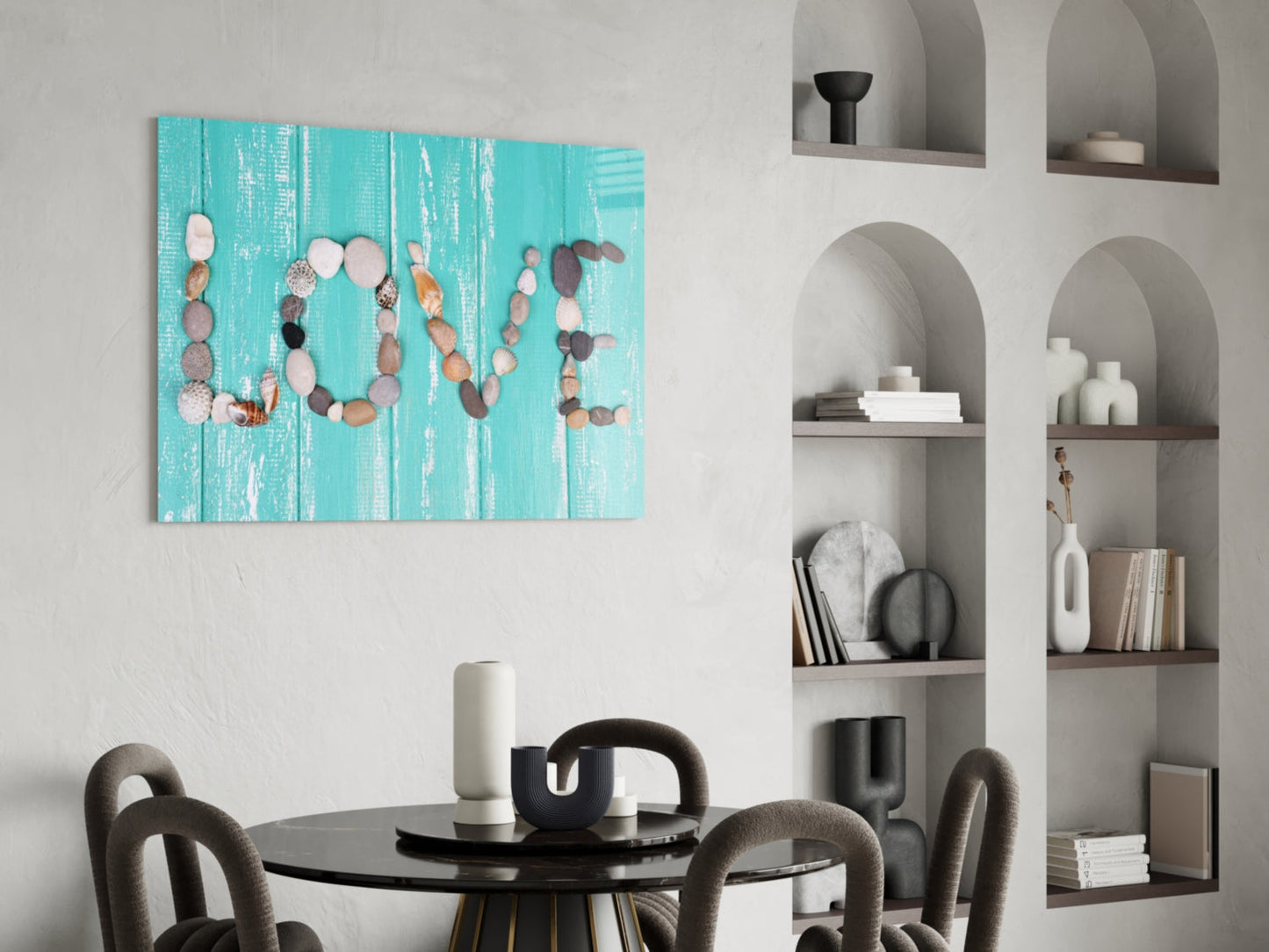 Pebble Love Letters on Turquoise Wood Glass Wall Art