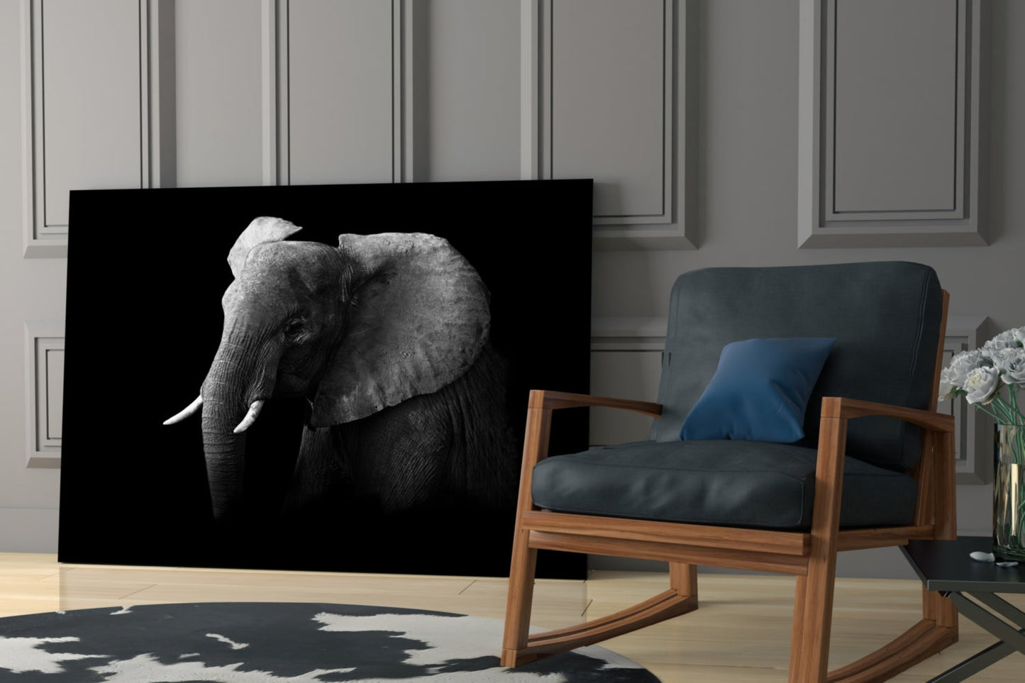 Black and White Elephant Glass Wall Art
