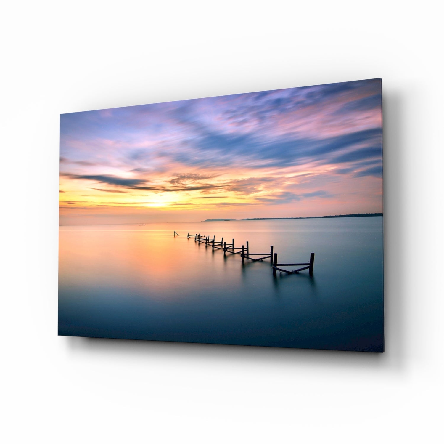 Weathered pier pastel sunset glass wall art
