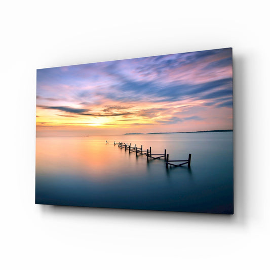 Weathered pier pastel sunset glass wall art