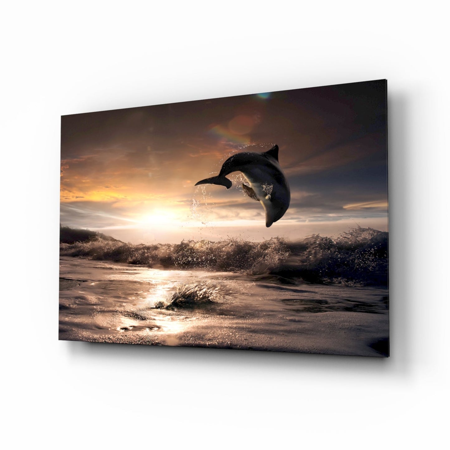 Leaping Dolphin Golden Sunset tempered glass wall art