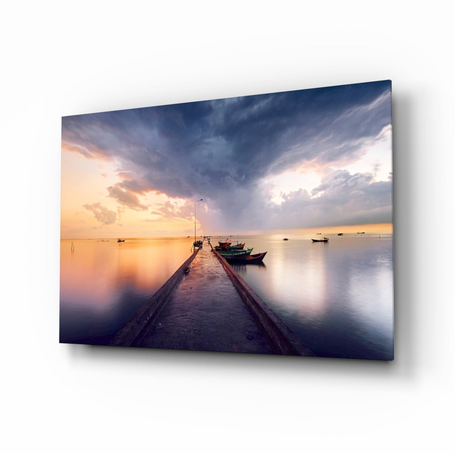 Moored Fishing Boats glass wall art with stormy harbor scene
