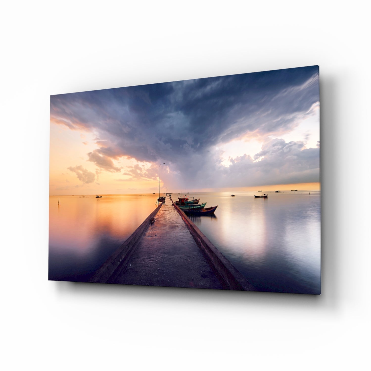 Moored Fishing Boats glass wall art with stormy harbor scene