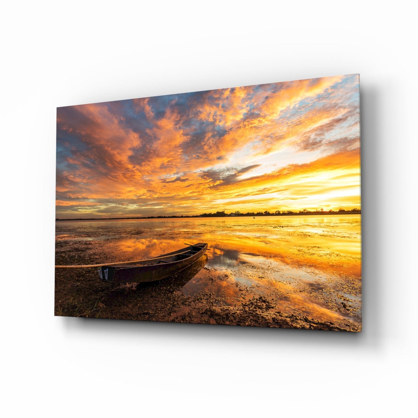 Golden Sunset Lake Boat glass wall art sunset landscape print