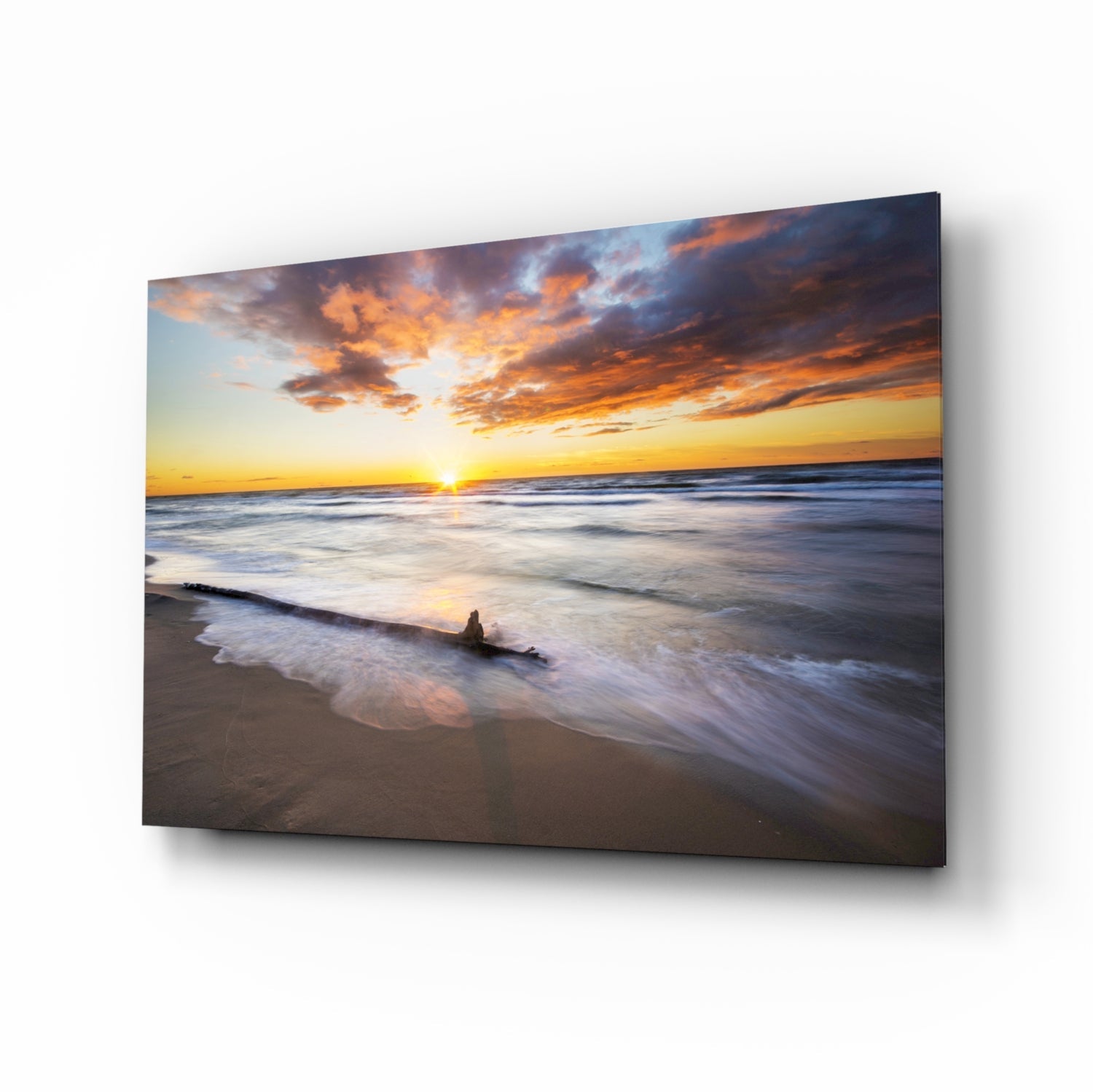 Driftwood shoreline sunset glass wall art in amber and rose
