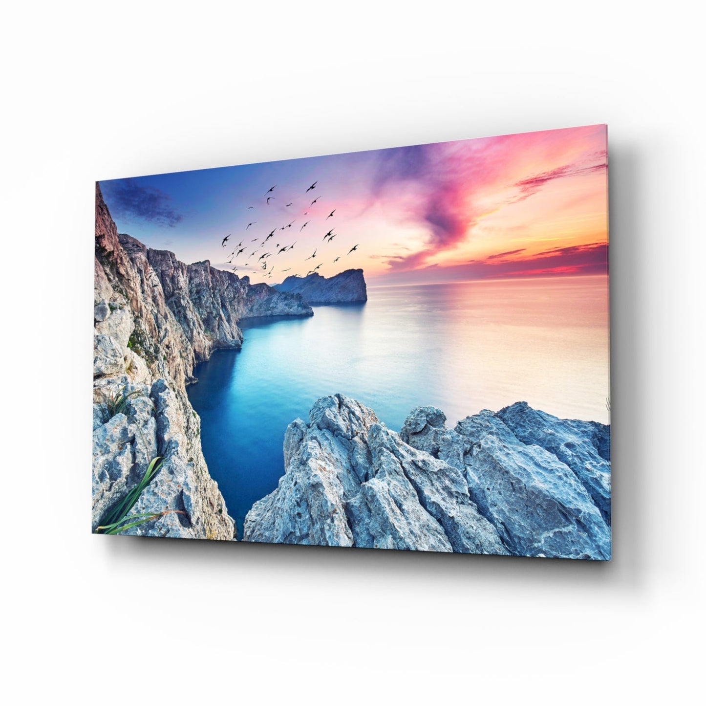 Birds over pink sunset sea cliffs coastal glass wall art