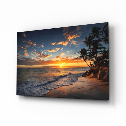 Golden Sunset Shoreline Palm Trees glass wall art tropical beach print