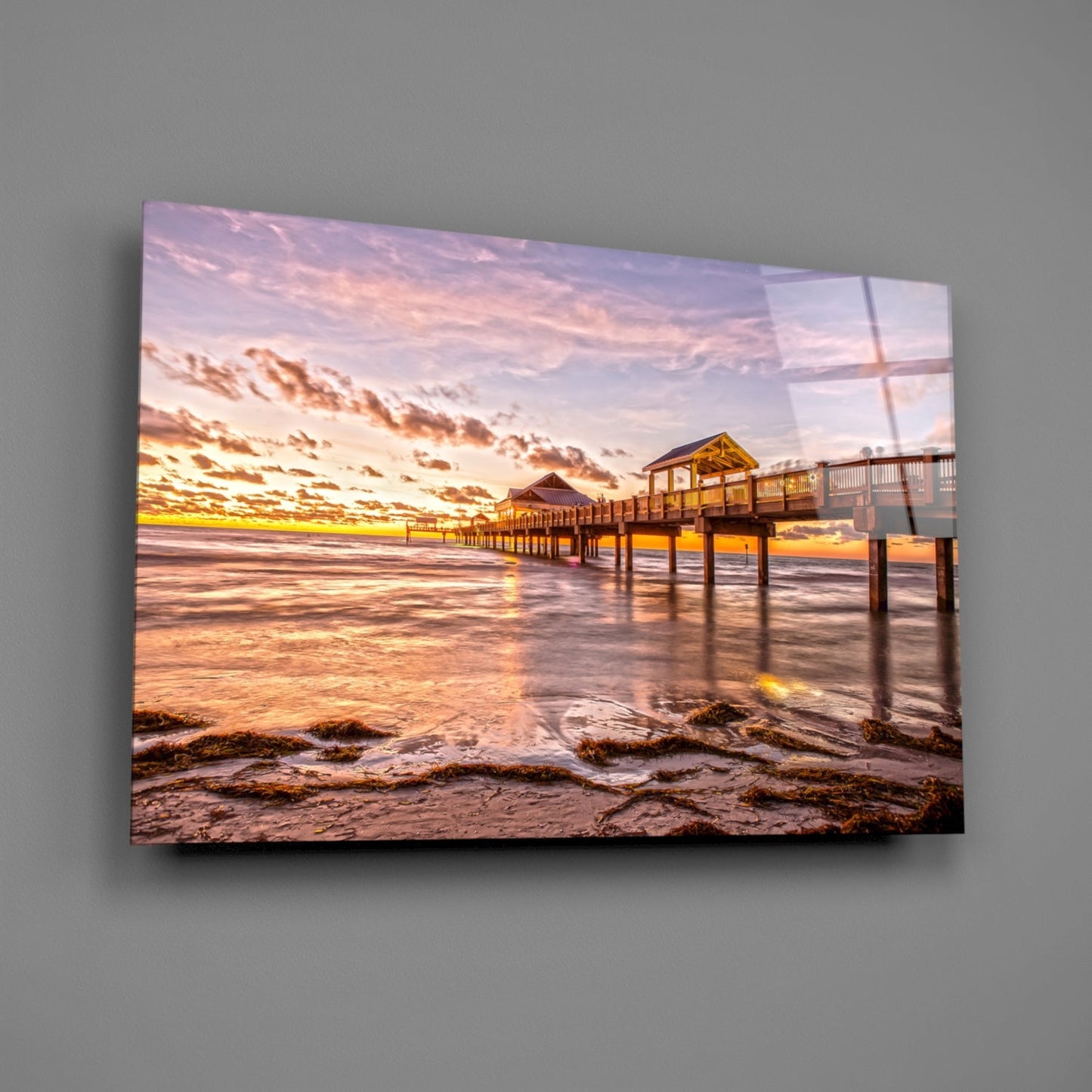 Golden Hour Fishing Pier Glass Wall Art