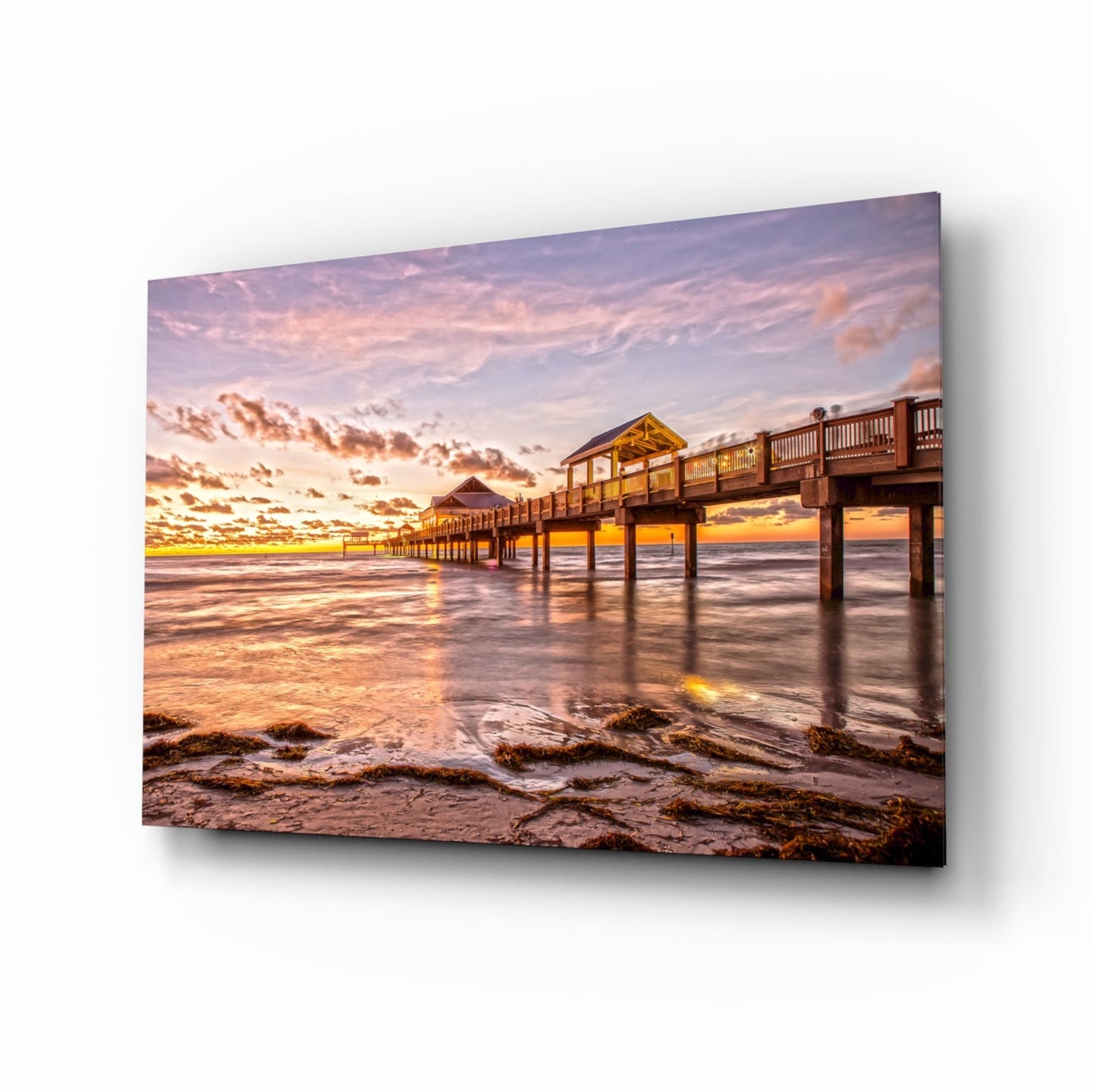 Golden Hour Fishing Pier coastal glass wall art