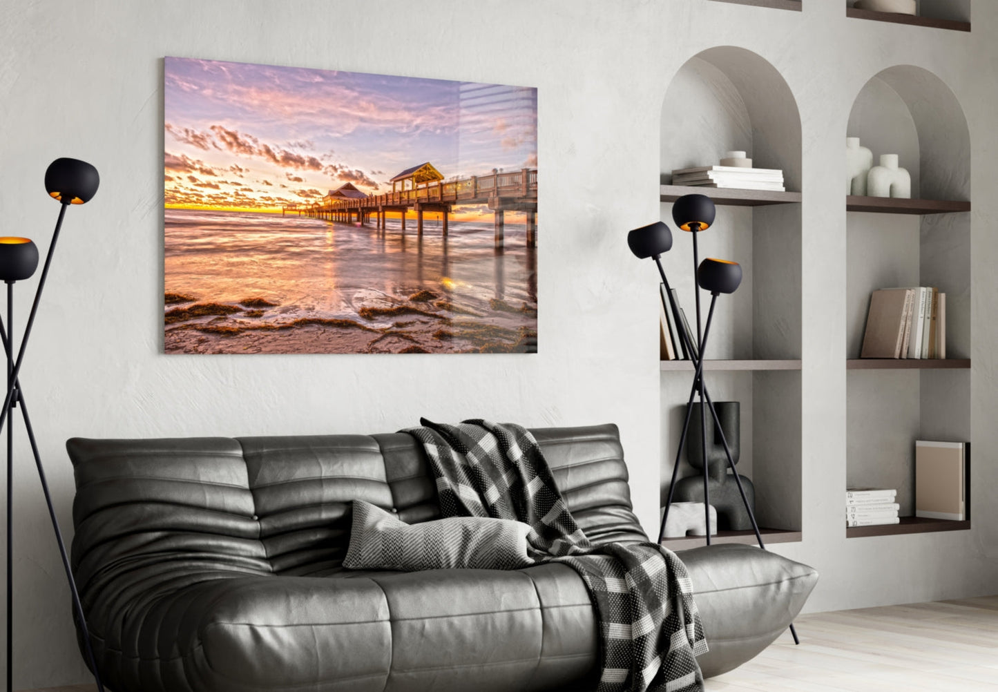 Golden Hour Fishing Pier Glass Wall Art