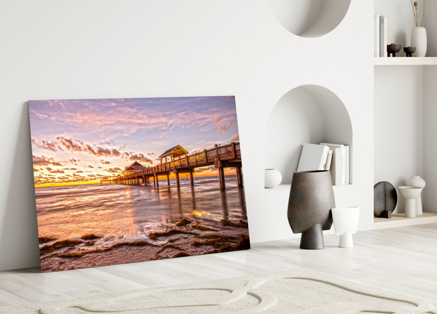 Golden Hour Fishing Pier Glass Wall Art