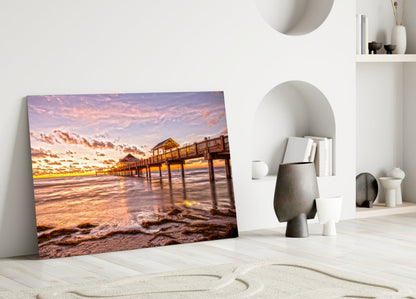 Golden Hour Fishing Pier Glass Wall Art