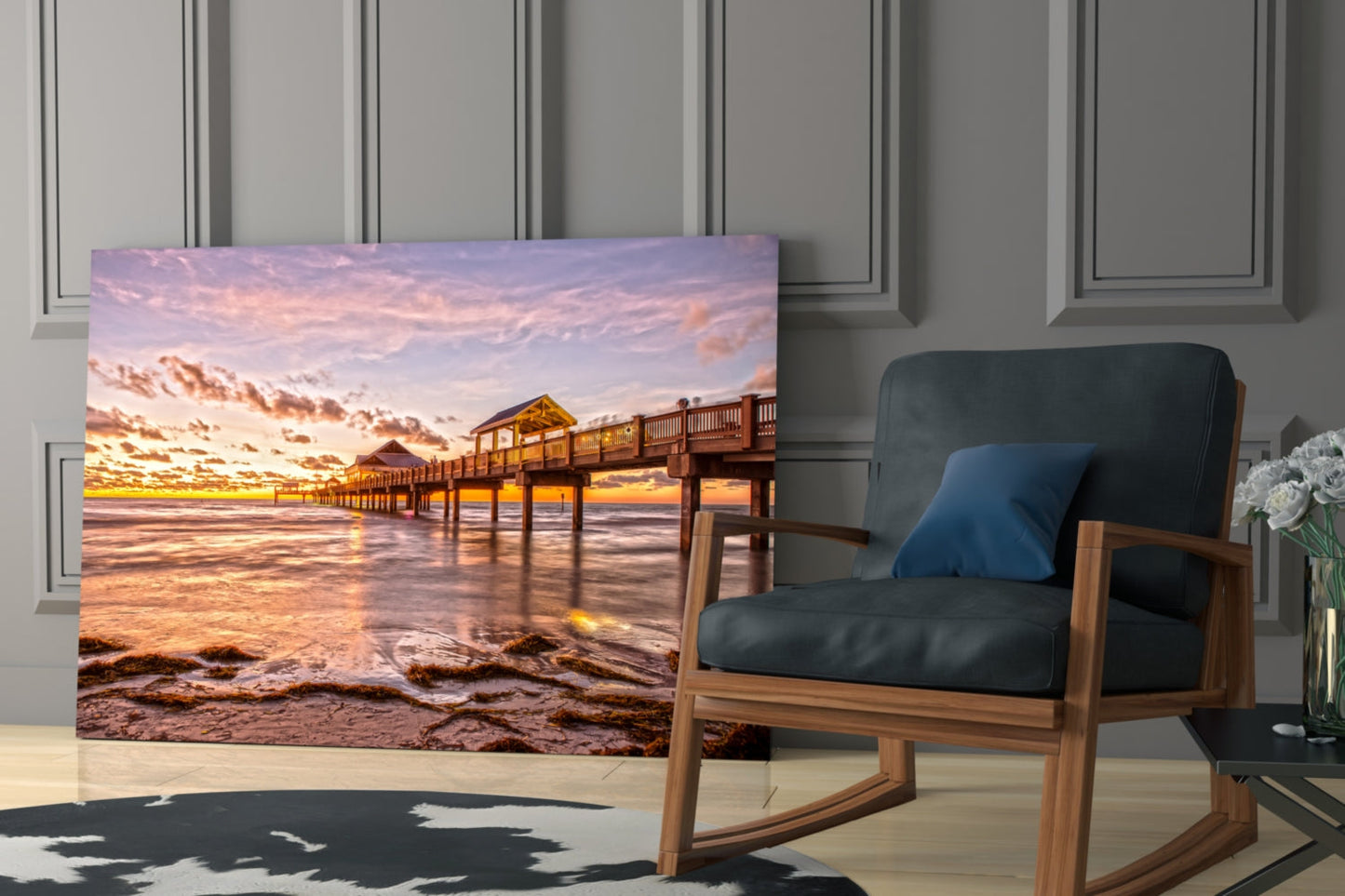Golden Hour Fishing Pier Glass Wall Art
