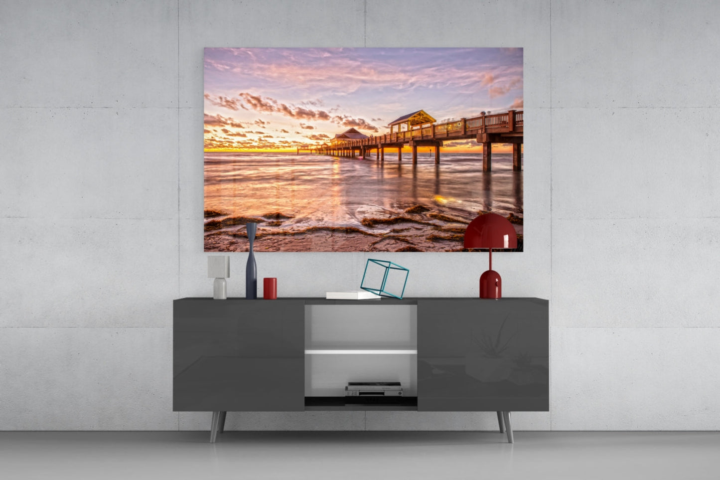 Golden Hour Fishing Pier Glass Wall Art