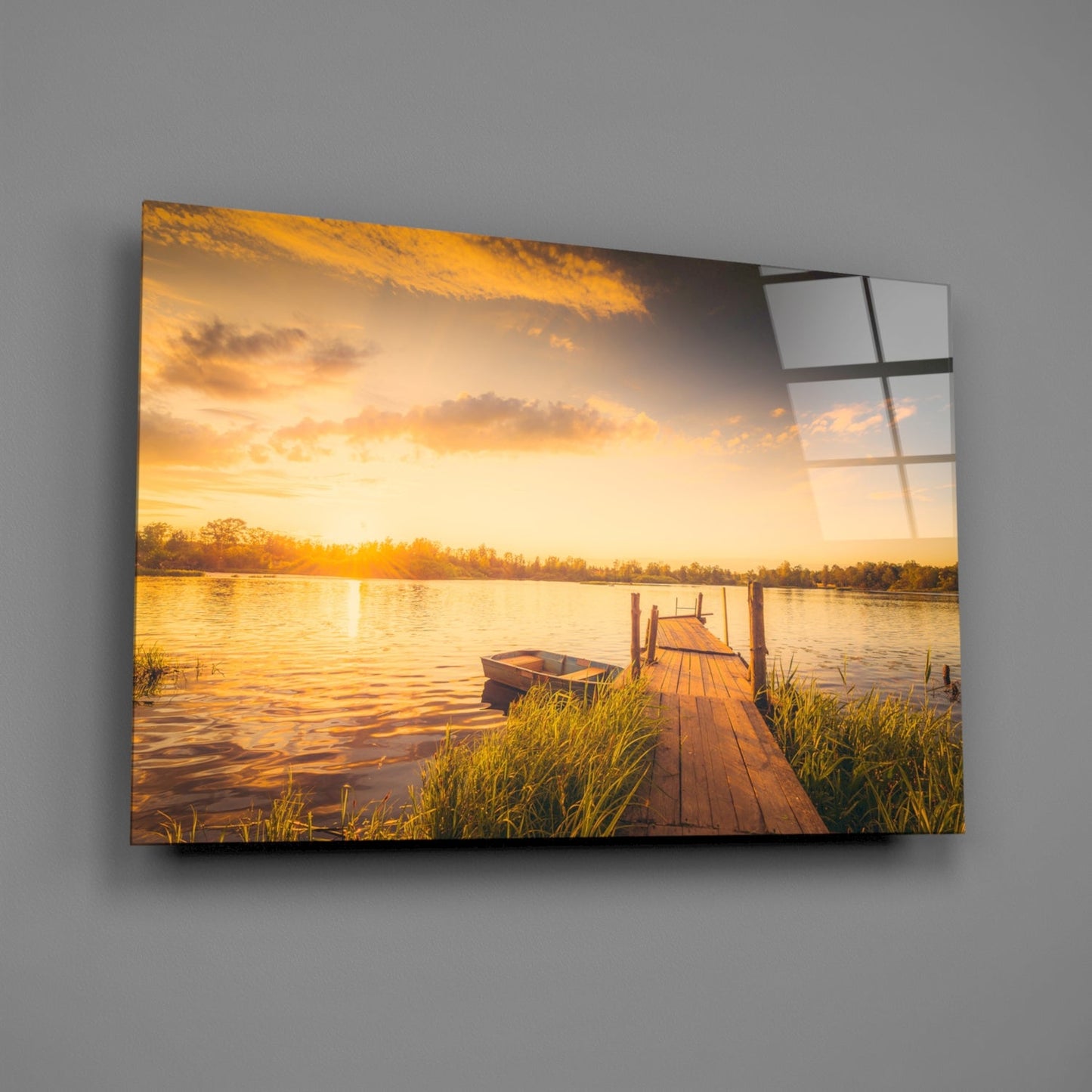 Rowboat Sunset Dock Glass Wall Art