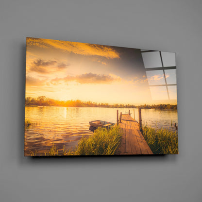 Rowboat Sunset Dock Glass Wall Art