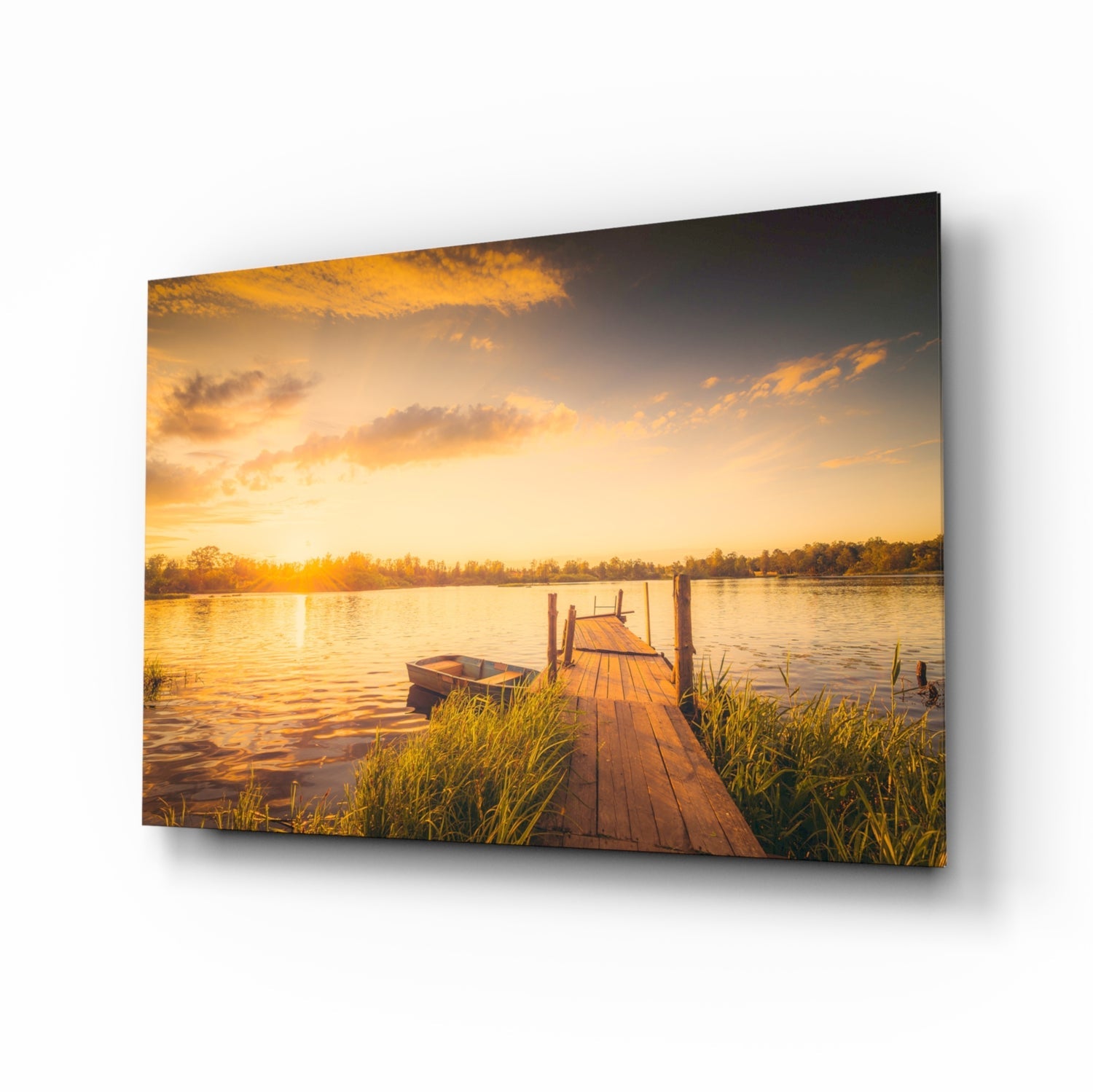 Rowboat sunset dock glass wall art print