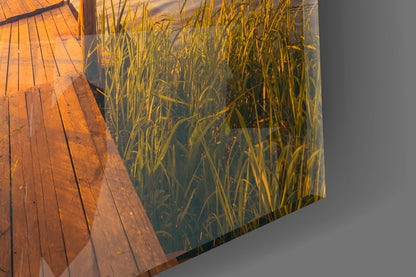 Rowboat Sunset Dock Glass Wall Art