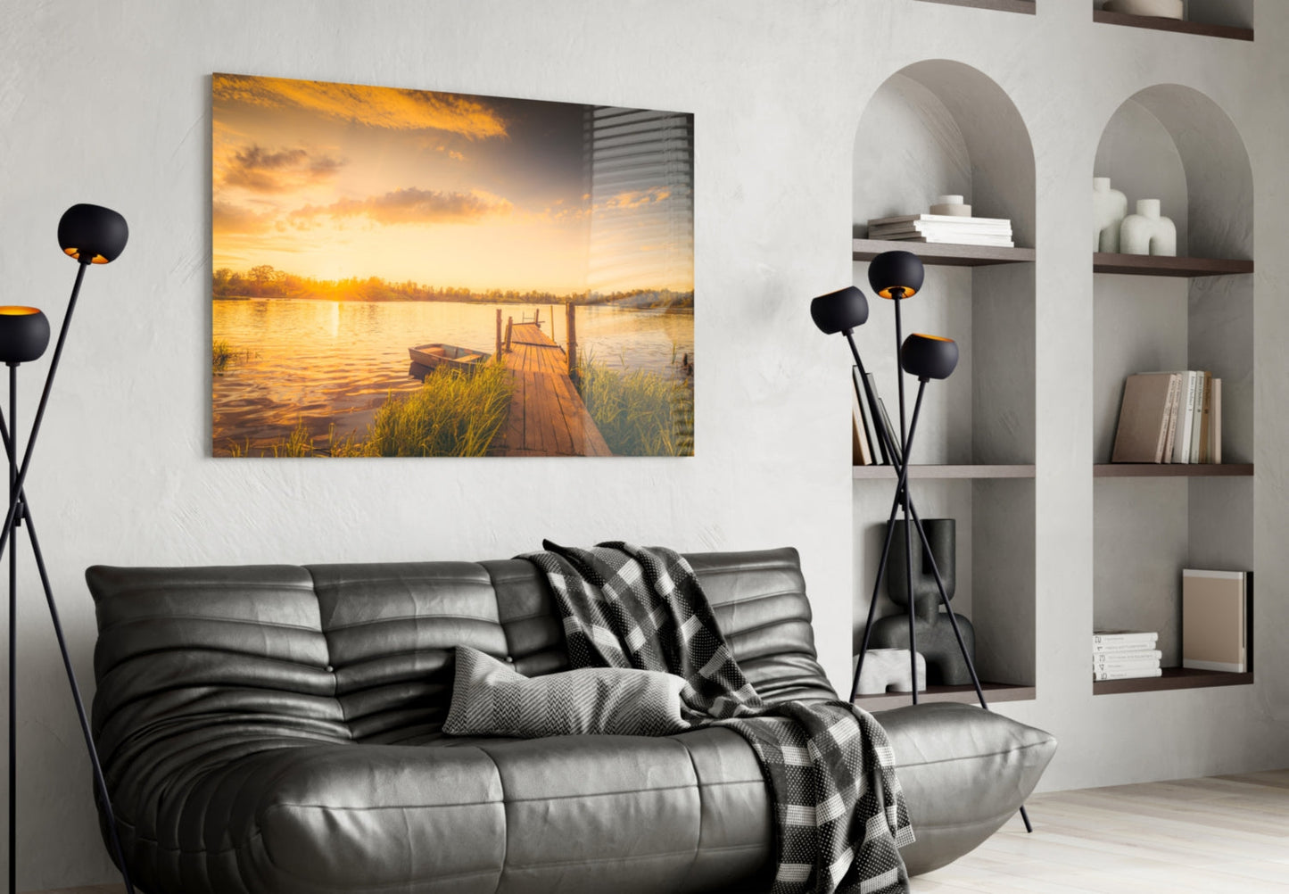 Rowboat Sunset Dock Glass Wall Art