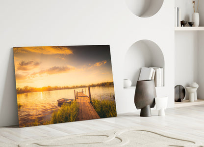 Rowboat Sunset Dock Glass Wall Art