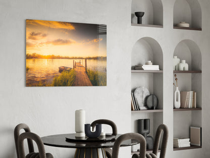 Rowboat Sunset Dock Glass Wall Art