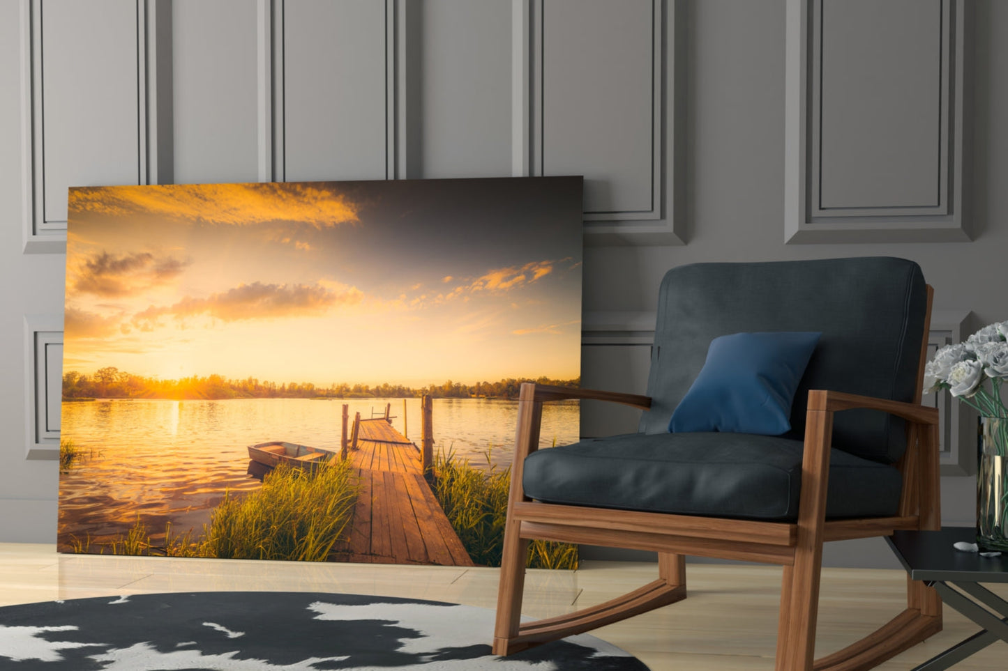 Rowboat Sunset Dock Glass Wall Art