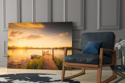 Rowboat Sunset Dock Glass Wall Art