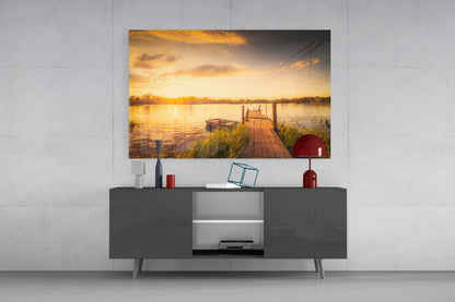 Rowboat Sunset Dock Glass Wall Art