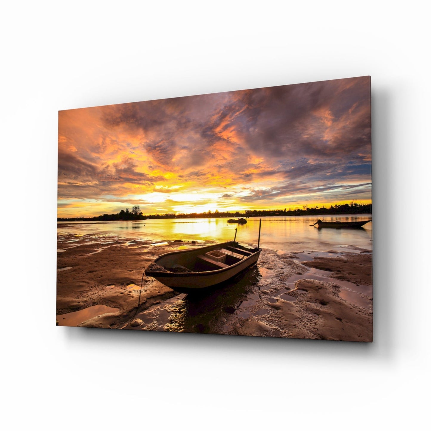 Sunset lake boat glass wall art