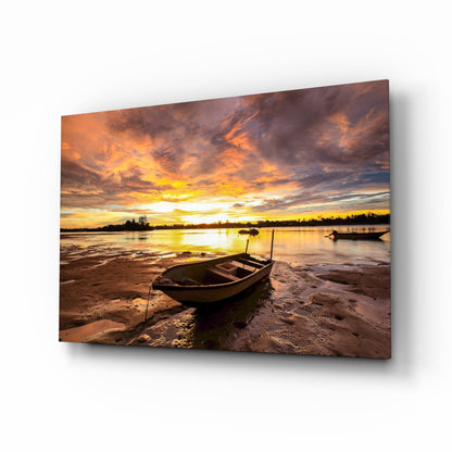 Sunset lake boat glass wall art