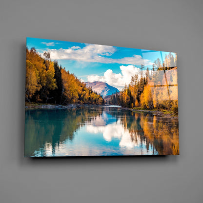 Autumn River Mountain Glass Wall Art