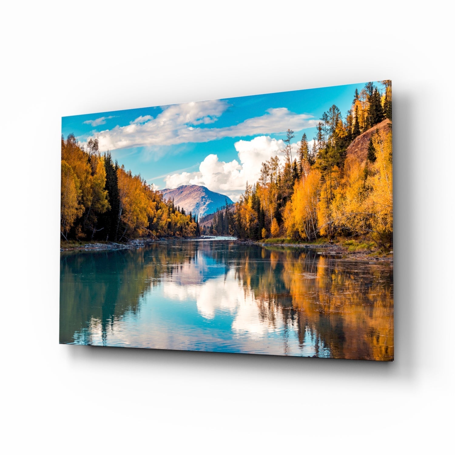 Autumn river mountain glass wall art
