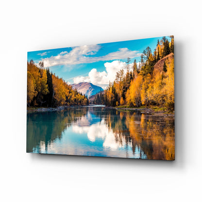 Autumn river mountain glass wall art