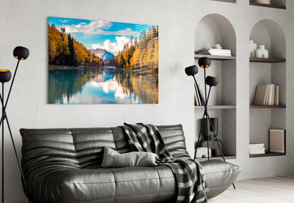 Autumn River Mountain Glass Wall Art