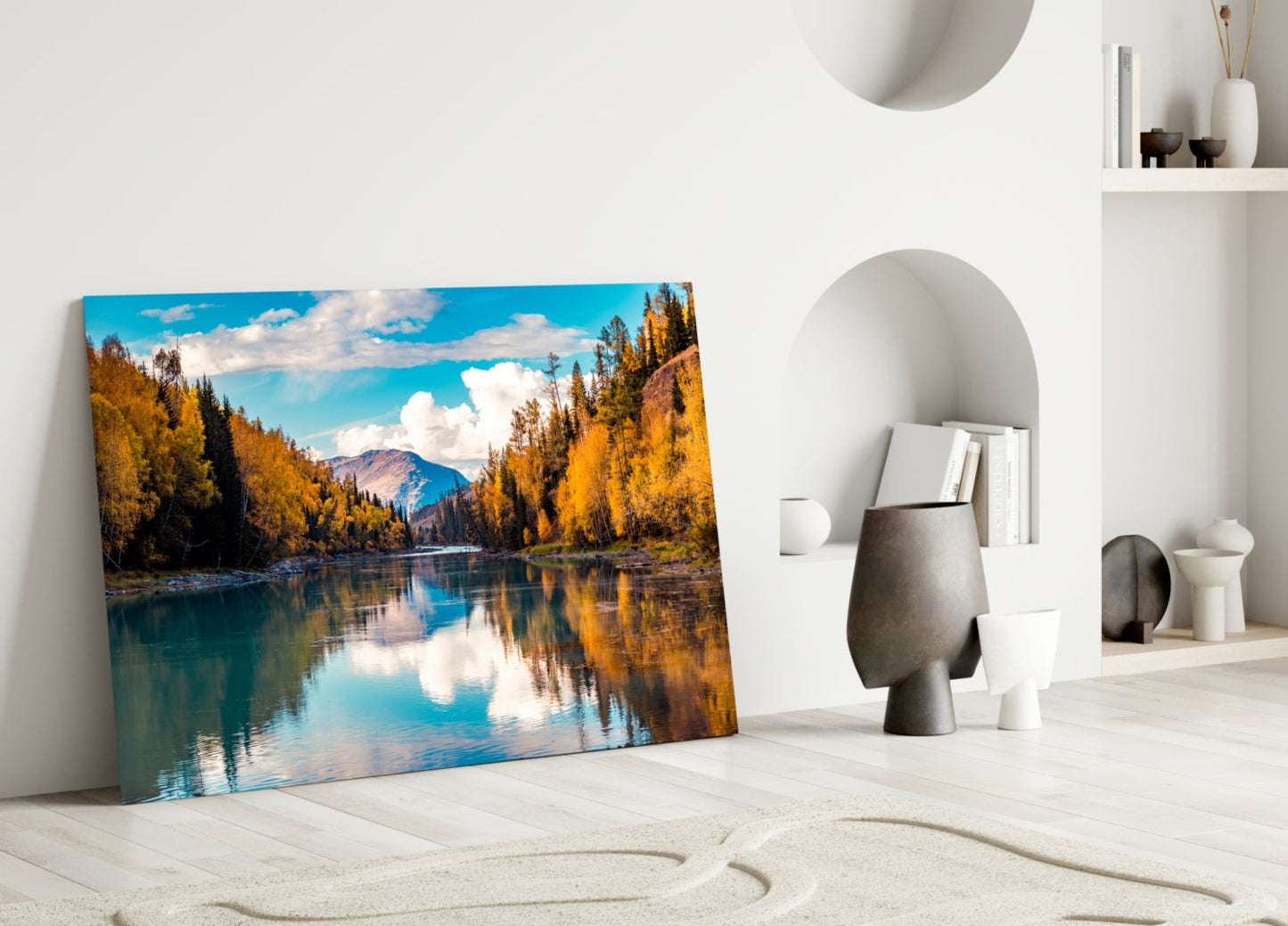 Autumn River Mountain Glass Wall Art